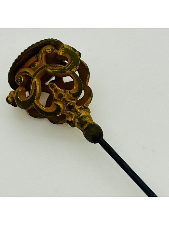 Estate Jewelry - Edwardian Hatpin Ornate Filigree Openwork Scroll Brass Gold Tone Antique